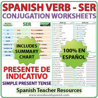 Spanish Worksheets to learn the correct conjugation of the verb SER in the simple present tense. Ejercicios para practicar la conjugación del verbo SER en español (en el presente de indicativo). Spanish Worksheets to learn the correct conjugation of the verb SER in the simple present tense. Ejercicios para practicar la conjugación del verbo SER en español (en el presente de indicativo).